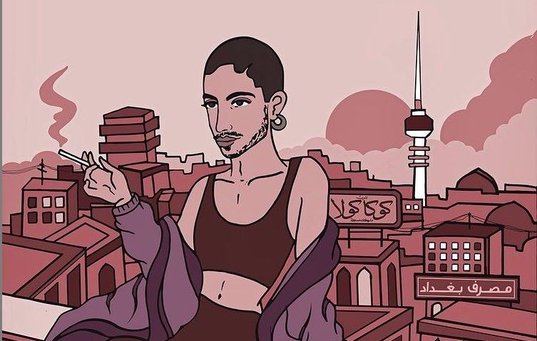 L'image représente une illustration d'une personne assise sur un toit, avec une vue urbaine en arrière-plan. La personne a un style moderne, portant un haut court et des accessoires comme une boucle d'oreille. Elle fume une cigarette et semble détendue, observant la ville autour d'elle. Les couleurs de l'image sont principalement des tons roses et marron, créant une ambiance nostalgique. En arrière-plan, on aperçoit des bâtiments et une tour, ajoutant à l'aspect urbain de la scène.