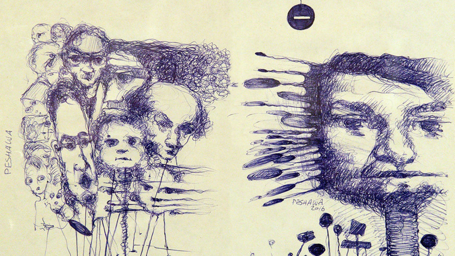 L'image présente un dessin encre, caractérisé par des portraits stylisés et des formes abstraites. À gauche, on peut voir plusieurs visages qui semblent se fondre les uns dans les autres, créant une impression de mouvement et de confusion. À droite, un visage plus distinct émerge, entouré de lignes et de formes géométriques, donnant une sensation de dynamisme. L'ensemble évoque un mélange de réalismes et d'abstractions, avec une palette de bleu profond qui apporte une atmosphère contemplative.