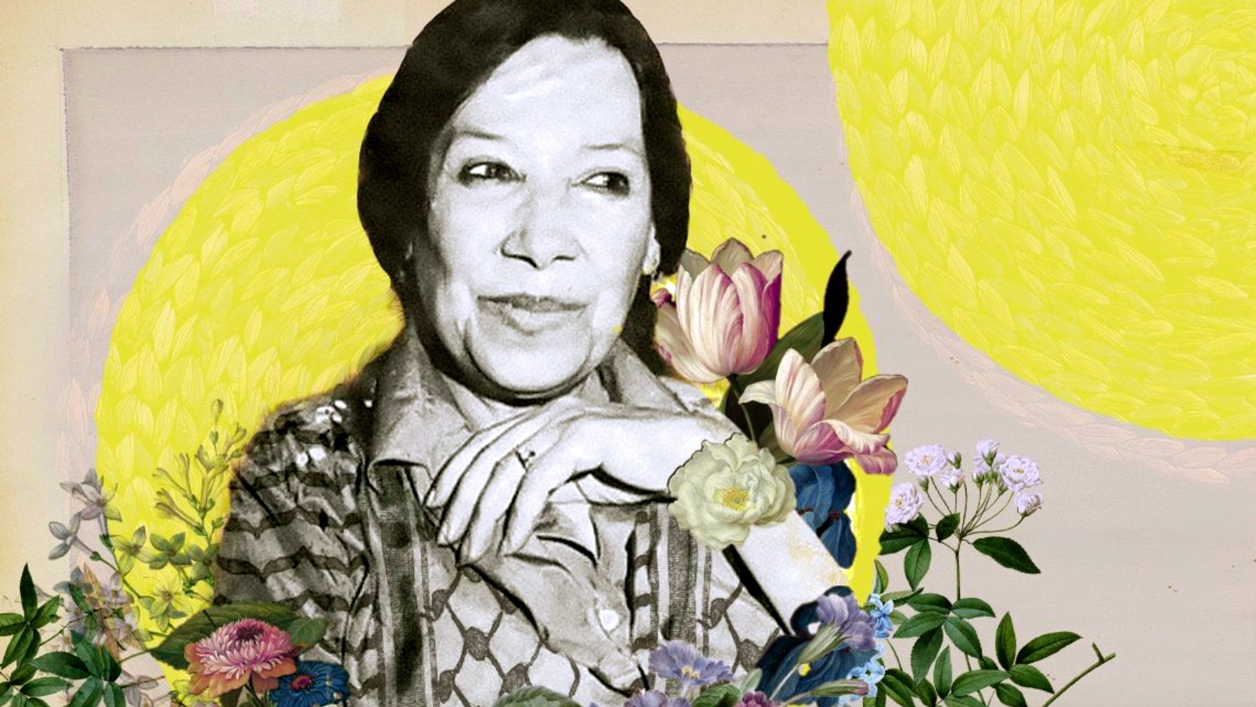 L'image représente une femme souriante, entourée de fleurs colorées. Son visage est en noir et blanc, contrastant avec les teintes vives des fleurs et les cercles jaunes en arrière-plan qui évoquent le soleil. L'ensemble crée une atmosphère joyeuse et chaleureuse, mettant en valeur la beauté de la personne et de la nature.