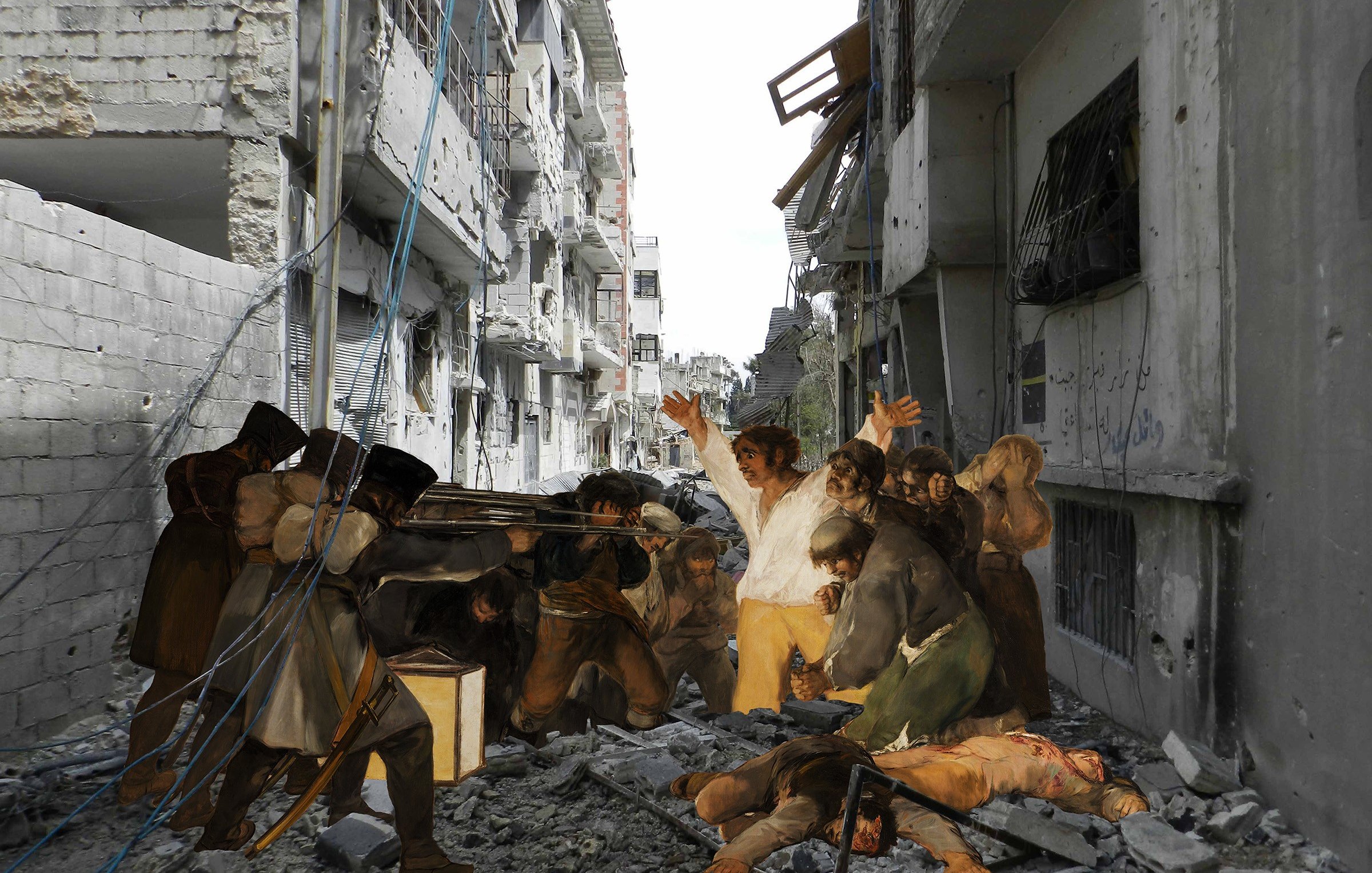 L'image montre une scène tragique dans une rue ruineuse. On peut y voir des bâtiments endommagés, des débris sur le sol et une atmosphère de chaos. Au centre, des personnages semblent exprimés des émotions intenses, avec des gestes qui suggèrent désespoir et lutte. La juxtaposition des figures humaines avec l'environnement détruit souligne la gravité de la situation. L'éclairage met en avant le contraste entre les ombres et les zones éclairées, créant une ambiance dramatique.