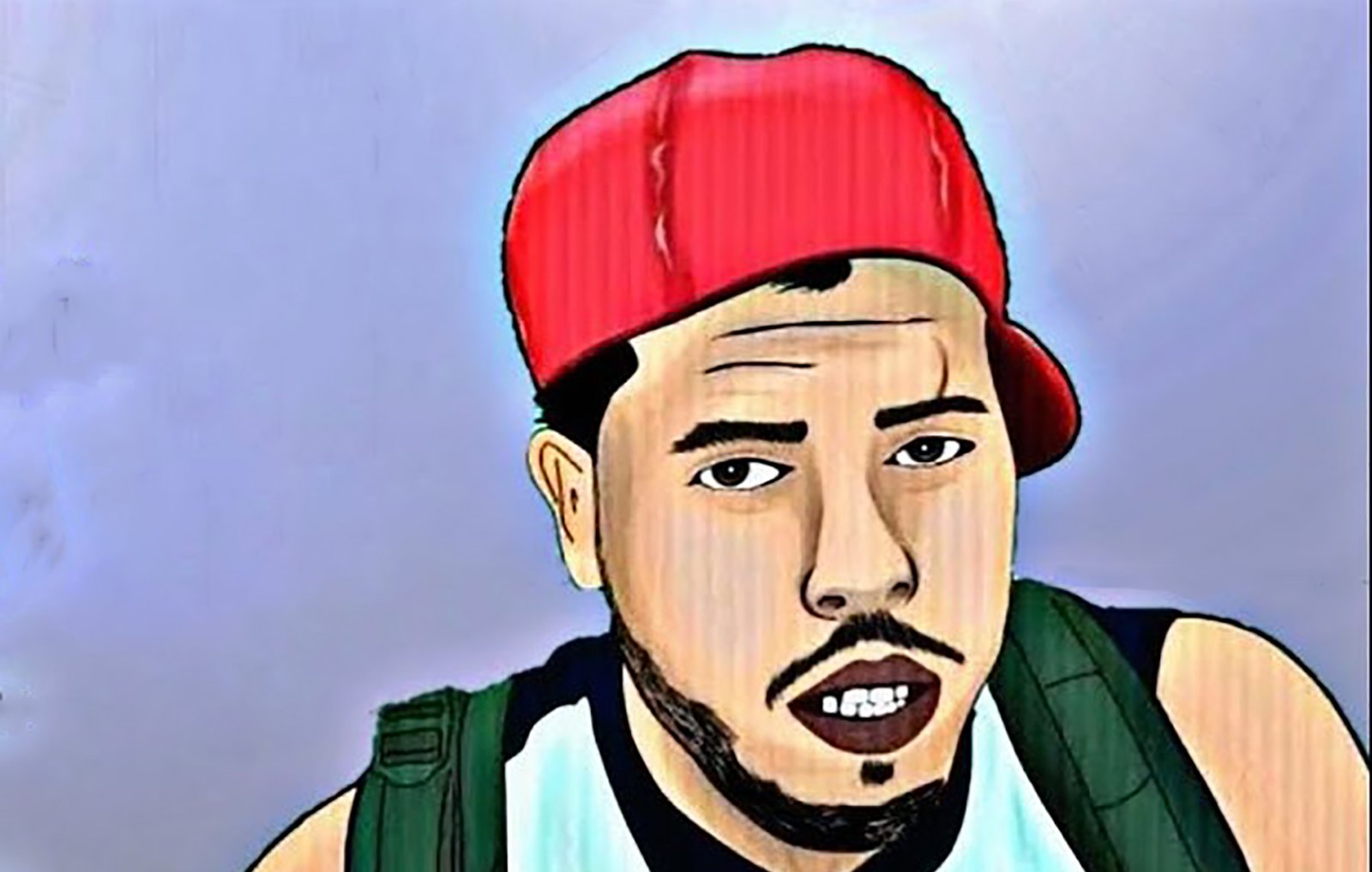 L'image représente un personnage dessiné, portant une casquette rouge à l'envers et une chemise sans manches. Il a une expression sérieuse, avec les lèvres légèrement entrouvertes, et une barbe de quelques jours. Son dos est orné d'un sac à dos. Le fond de l'image est d'une teinte douce, ce qui met en avant le personnage.