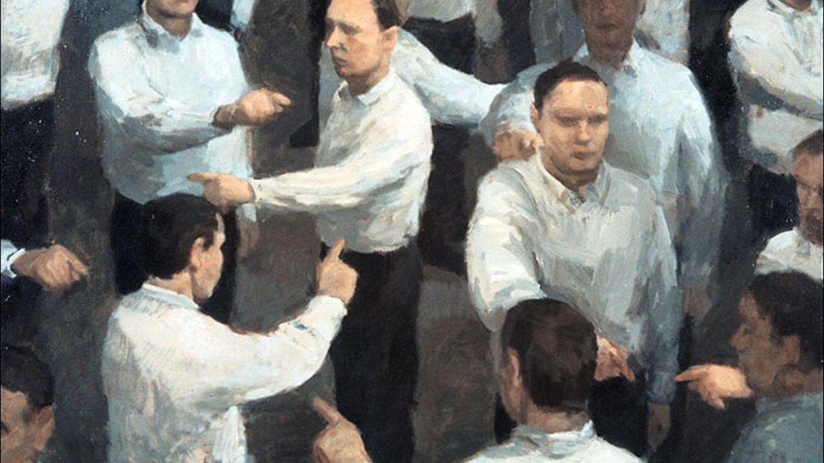 L'image semble représenter un ensemble de figures humaines en costume blanc, chaque figure semblant interagir avec les autres dans une sorte de dialogue visuel. Les personnages affichent des gestes similaires, comme pointer du doigt, ce qui crée une dynamique d'échange ou de confrontation. Le style de peinture donne une impression de mouvement et de complexité dans les relations entre les figures. L'ensemble est à la fois fascinant et déroutant, suggérant des thèmes de communication et d'interaction humaine.