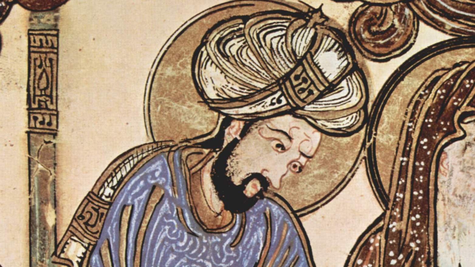 L'image représente un personnage en train d'écrire. Il est vêtu d'une robe ornée, avec un turban sur la tête. Son expression est concentrée, indiquant qu'il est absorbé par son travail. Le fond présente des motifs décoratifs, et on note une atmosphère historique, probablement inspirée par l'art médiéval. L'ensemble de l'œuvre suggère une scène d'étude ou de transmission de savoir.