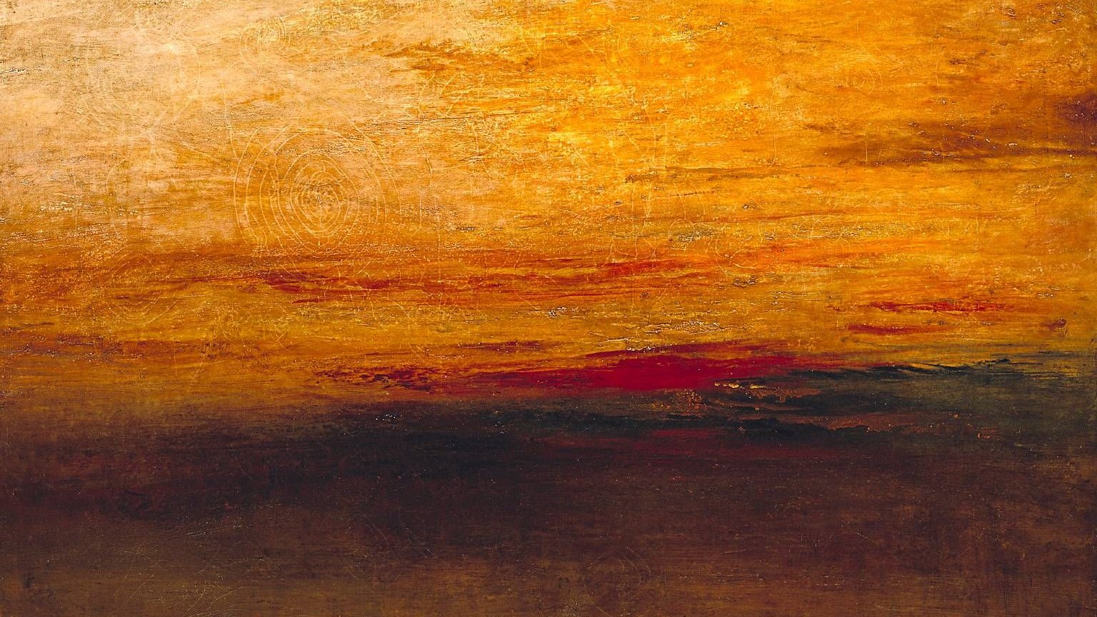 L'image représente un paysage abstrait dominé par des teintes chaudes de jaune, d'orange et de rouge, évoquant un coucher de soleil. Les couleurs semblent se fondre les unes dans les autres, créant une atmosphère douce et apaisante. Le bas de l'image présente des nuances plus sombres, suggérant une mer ou un horizon. L'ensemble donne une impression de calme et de sérénité, tout en mettant en valeur la beauté naturelle du ciel.