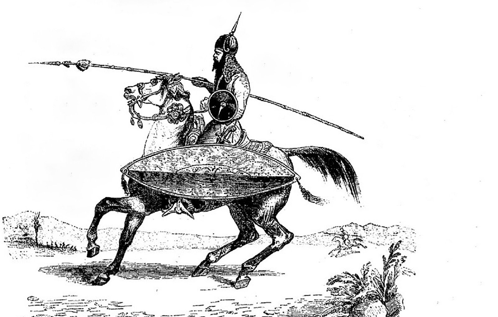 L'image représente un cavalier en armure, montant un cheval. Il est équipé d'une lance et d'un bouclier, et porte un casque avec une plume. Le cavalier semble en mouvement, probablement en train de charger ou de se préparer pour un affrontement. Le décor en arrière-plan est simple, avec quelques éléments de paysage comme des collines et des plantes. L'illustration a un style classique, évoquant peut-être une époque médiévale ou un récit historique.