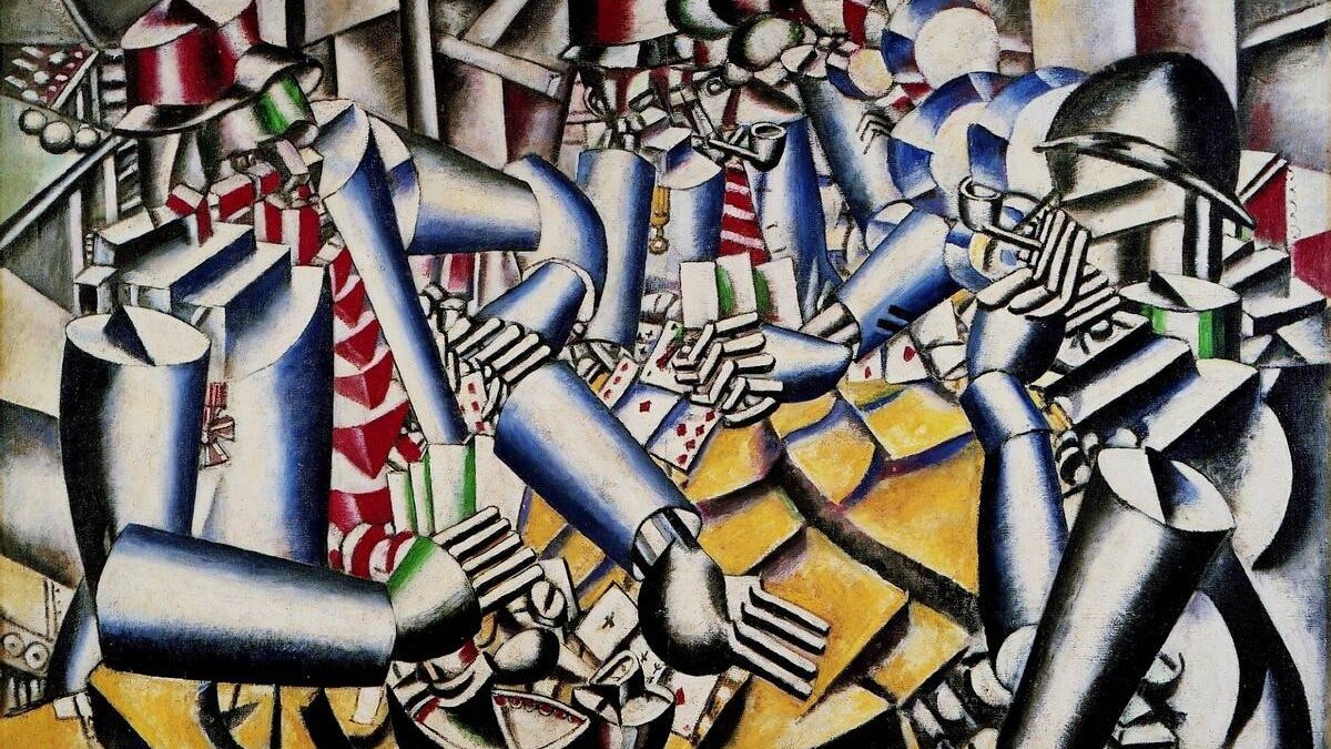 Cette image représente une scène dynamique et complexe, typique du style cubiste. On y voit plusieurs figures humaines, dotées de formes géométriques angulaires, interagissant les unes avec les autres. Les personnages semblent être engagés dans un jeu ou une activité sociale, et leurs postures évoquent un mouvement et une tension. Les couleurs utilisées sont principalement des tons de bleu, de rouge et de jaune, créant un contraste vibrant. Le fond abstrait renforce la profondeur de la composition, tandis que les traits manipulés et les formes stylisées soulignent l'influence cubiste de l'œuvre.