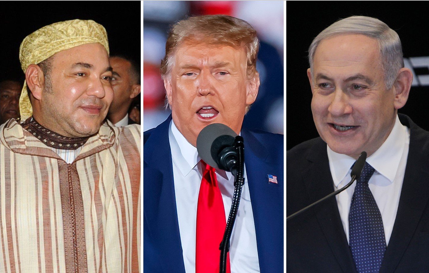 L'image présente trois individus. À gauche, une personne portant une tenue traditionnelle marocaine avec un chapeau. Au centre, un homme parlant à un microphone, habillé d'un costume avec une cravate rouge. À droite, un homme souriant, habillé d'un costume sombre, se tenant également près d'un microphone. L'image semble suggérer un contexte politique ou public.