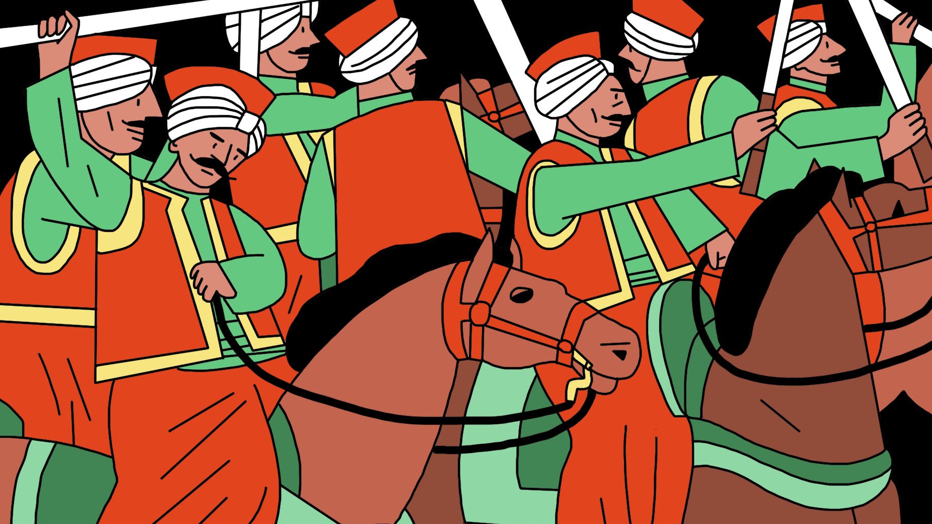 L'image présente un groupe de cavaliers vêtus de costumes traditionnels. Ils portent des turbans et des vêtements colorés, principalement orange et vert. Chaque cavalier tient une lance ou un drapeau. Les chevaux sont également représentés, avec des harnachements décoratifs. L'ensemble dégage une atmosphère dynamique et festive, évoquant une parade ou un rassemblement culturel. Le style est graphique et stylisé, avec des formes simples et des couleurs vives sur un fond noir.