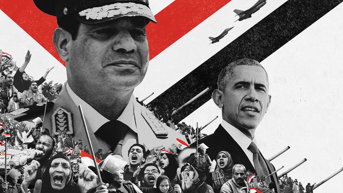 L'image présente un montage graphique avec au premier plan deux figures politiques, entourées d'une ambiance de manifestation. À gauche, on voit un homme en uniforme militaire, probablement un dirigeant, tandis qu'à droite, un homme en costume, portant un sourire sérieux, symbolise une autre personnalité politique importante. En arrière-plan, des silhouettes de manifestants brandissent des drapeaux et des pancartes, créant un contraste dynamique avec des motifs graphiques et des avions stylisés évoquant la tension ou le conflit. Les couleurs dominantes sont le rouge, le noir et le blanc, ajoutant une dimension dramatique à la composition.