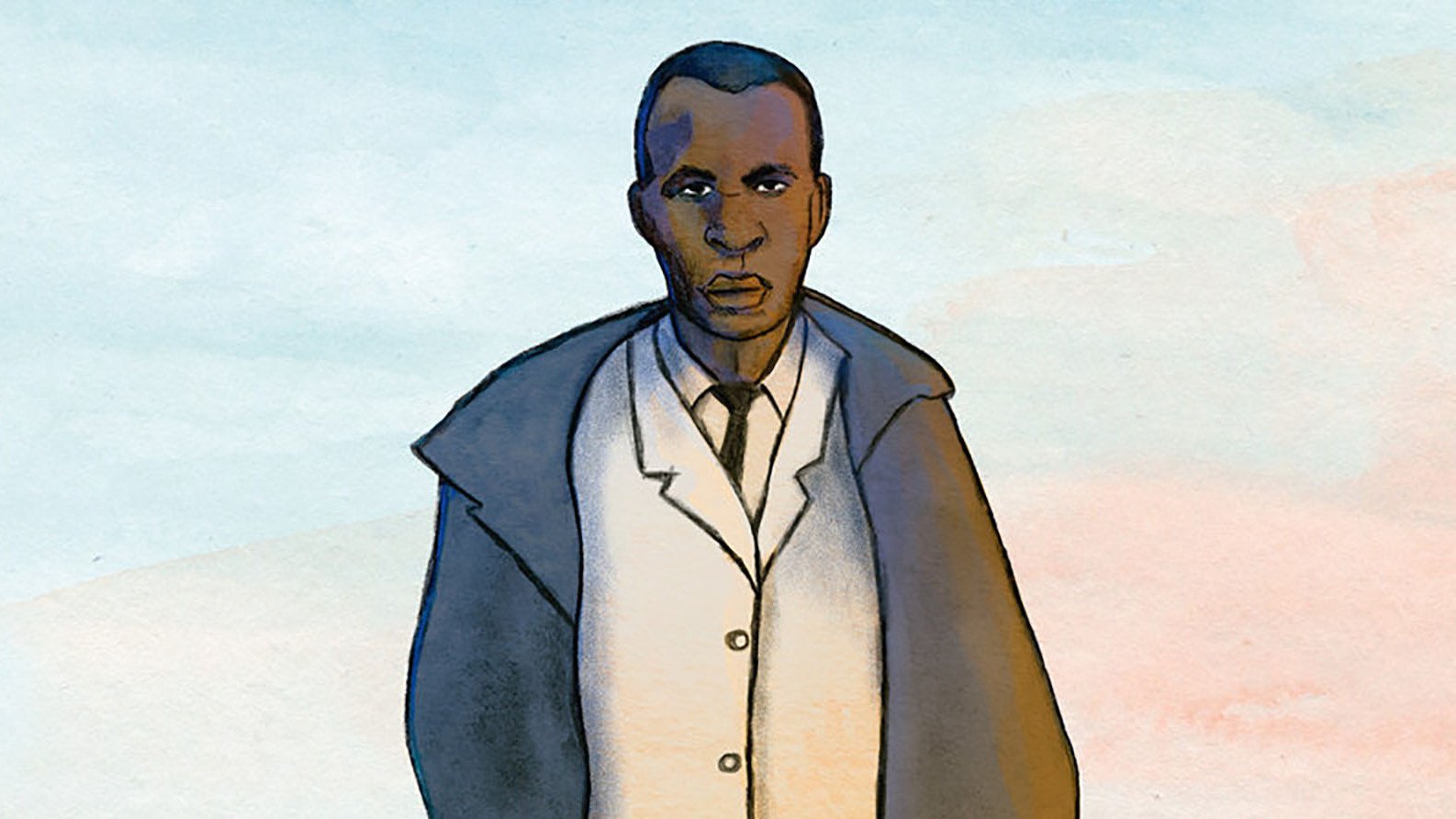 L'image représente un homme marchant, vêtu d'un long manteau sombre et d'une chemise claire. Son expression est sérieuse et déterminée. L'arrière-plan présente des teintes douces à pastel, évoquant une atmosphère calme. La silhouette de l'homme projette une ombre qui renforce son allure imposante. Cette image a une qualité artistique, suggérant une histoire ou un thème profond.