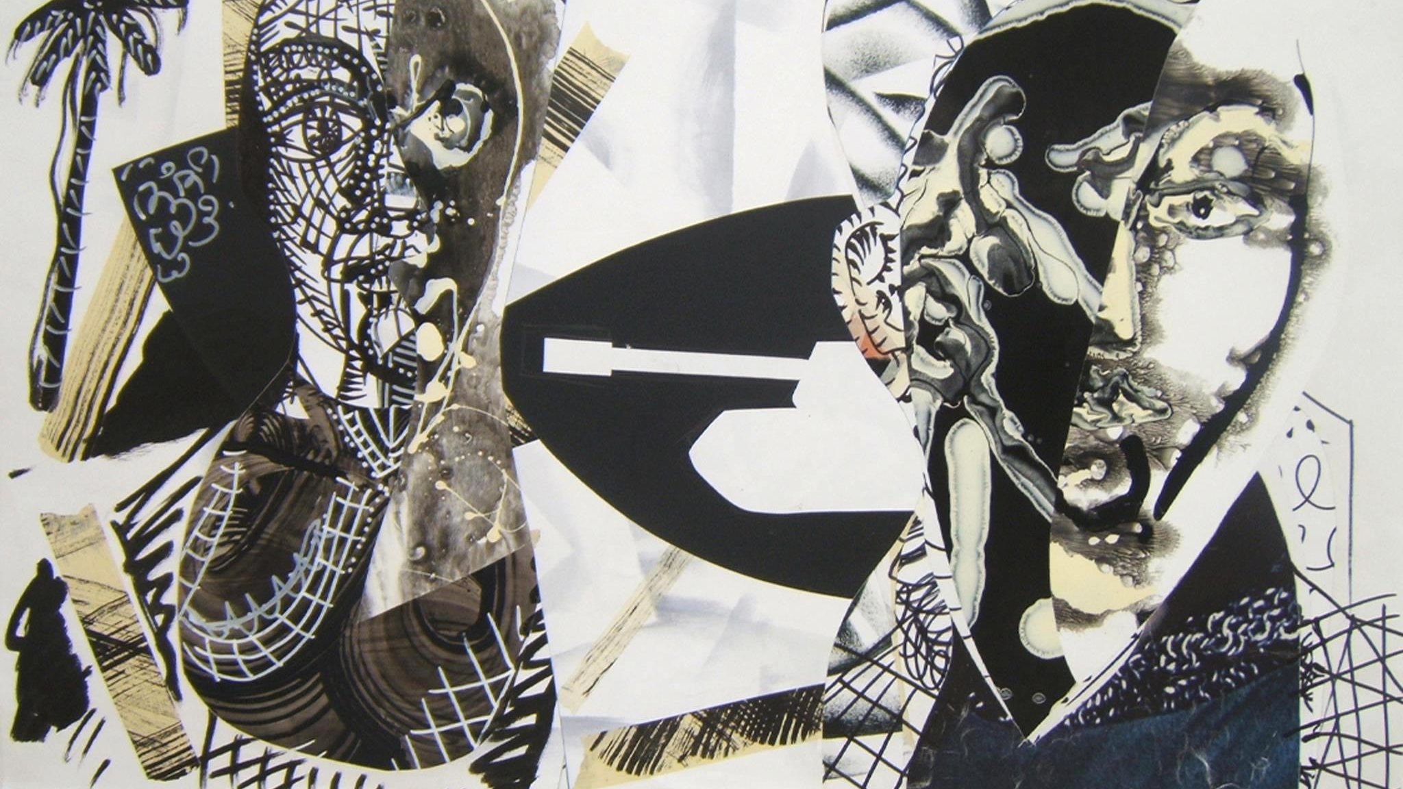 L'image présente une œuvre d'art abstraite, caractérisée par des figures humaines stylisées et des éléments graphiques. On y voit des silhouettes de visages, des formes géométriques et des motifs entrelacés, le tout dans une palette de noir, blanc et des touches de beige. Des éléments tels qu'une palme ajoutent une dimension intéressante, tandis que les lignes et les textures créent un effet dynamique et captivant. Cette composition semble explorer des thèmes d'identité et de dualité à travers des formes abstraites et un contraste visuel puissant.