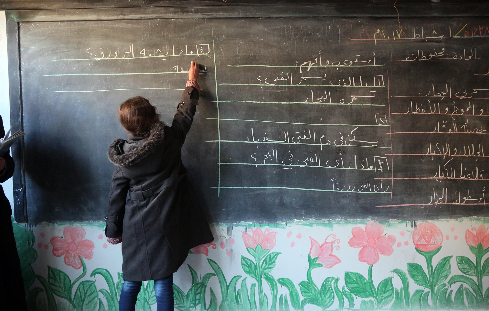 L'image montre une salle de classe avec un tableau noir. Une élève, de dos, écrit quelque chose au tableau avec une craie blanche. Elle porte un manteau noir. Le tableau est divisé en plusieurs sections avec des inscriptions en arabe. En bas du tableau, on peut voir des dessins de fleurs colorées qui décorent le mur. L'ambiance générale semble être celle d'un environnement scolaire.