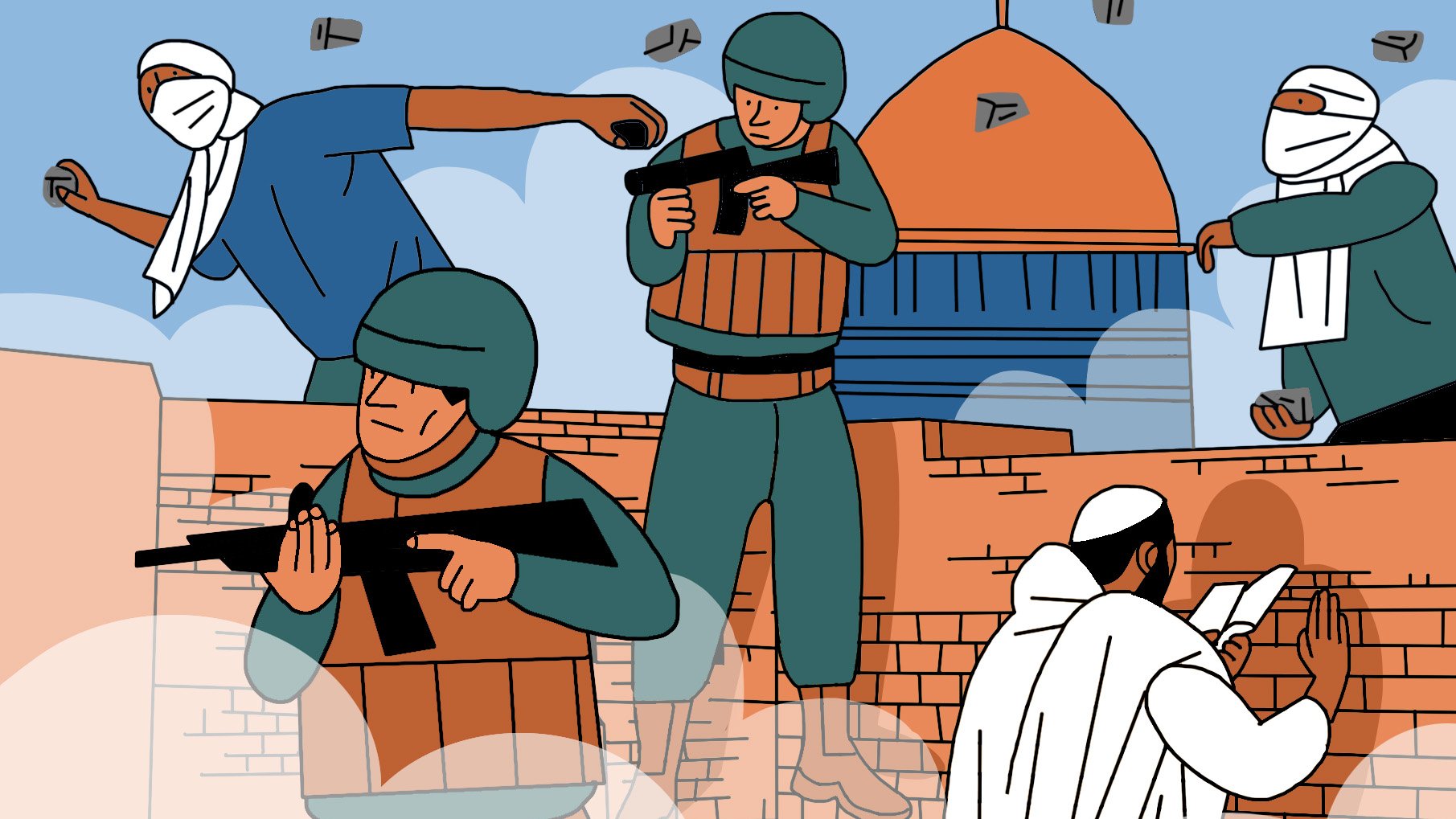 L'image représente une scène de conflit avec des personnages portant des casques et des vêtements militaires, certains tenant des armes, tandis que d'autres semblent préparer ou lancer des projectiles. En arrière-plan, on distingue un bâtiment avec un dôme. L'atmosphère est dynamique, illustrant une situation tendue et chaotique. Les personnages semblent engagés dans une confrontation, soulignant des thèmes de lutte et de résistance.