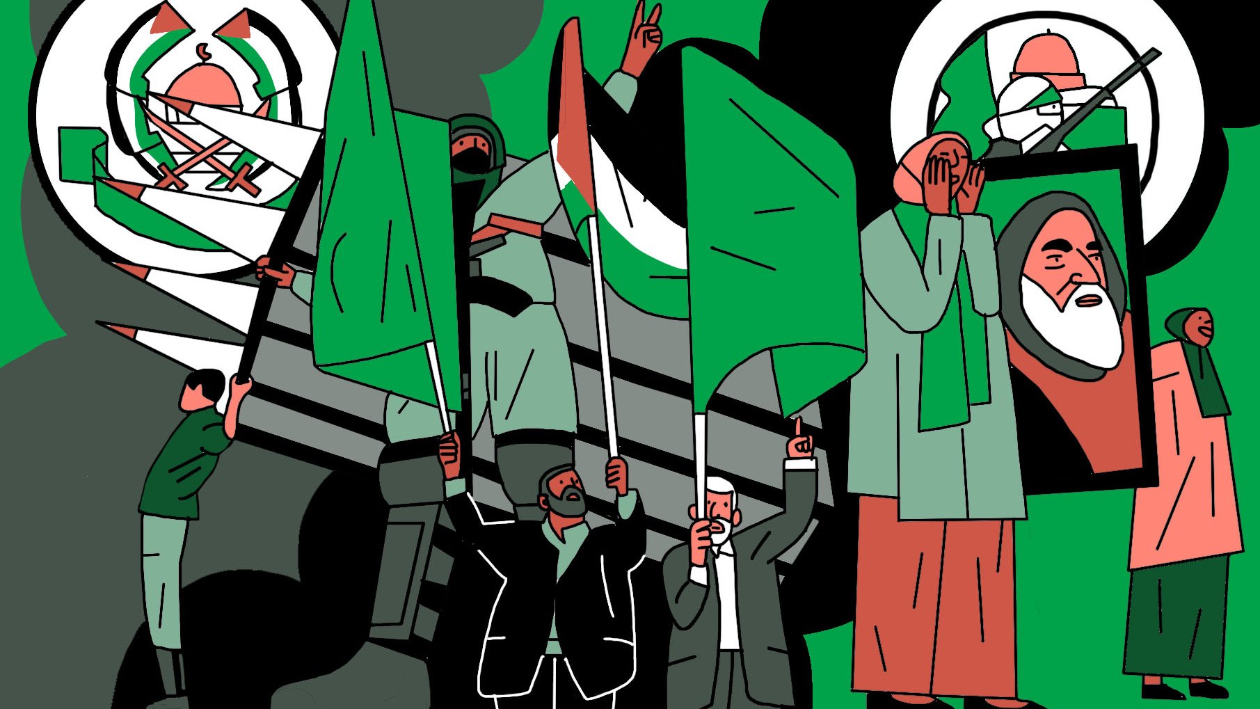 L'image présente une scène illustrée avec plusieurs personnages tenant des drapeaux verts. On peut voir des figures habillées de manière variée, certaines portant des masques, qui semblent exprimer un certain enthousiasme ou une détermination. En arrière-plan, il y a des symboles militaires et une représentation de figures importantes. Les couleurs dominantes sont le vert et le noir, créant une atmosphère dynamique et engagée.