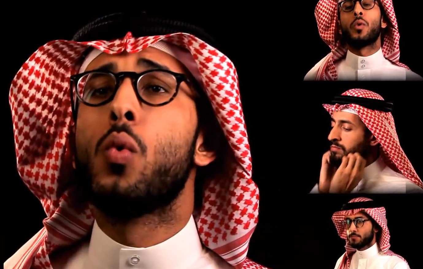 L'image présente un homme portant un thobe blanc et un ghutrah rouge et blanc. Il a des lunettes et est montré dans différentes poses. Dans certaines, il semble chanter ou exprimer des émotions, tandis que dans d'autres, il touche sa barbe ou utilise son téléphone. L'arrière-plan est sombre, ce qui met l'accent sur son visage et ses gestes.