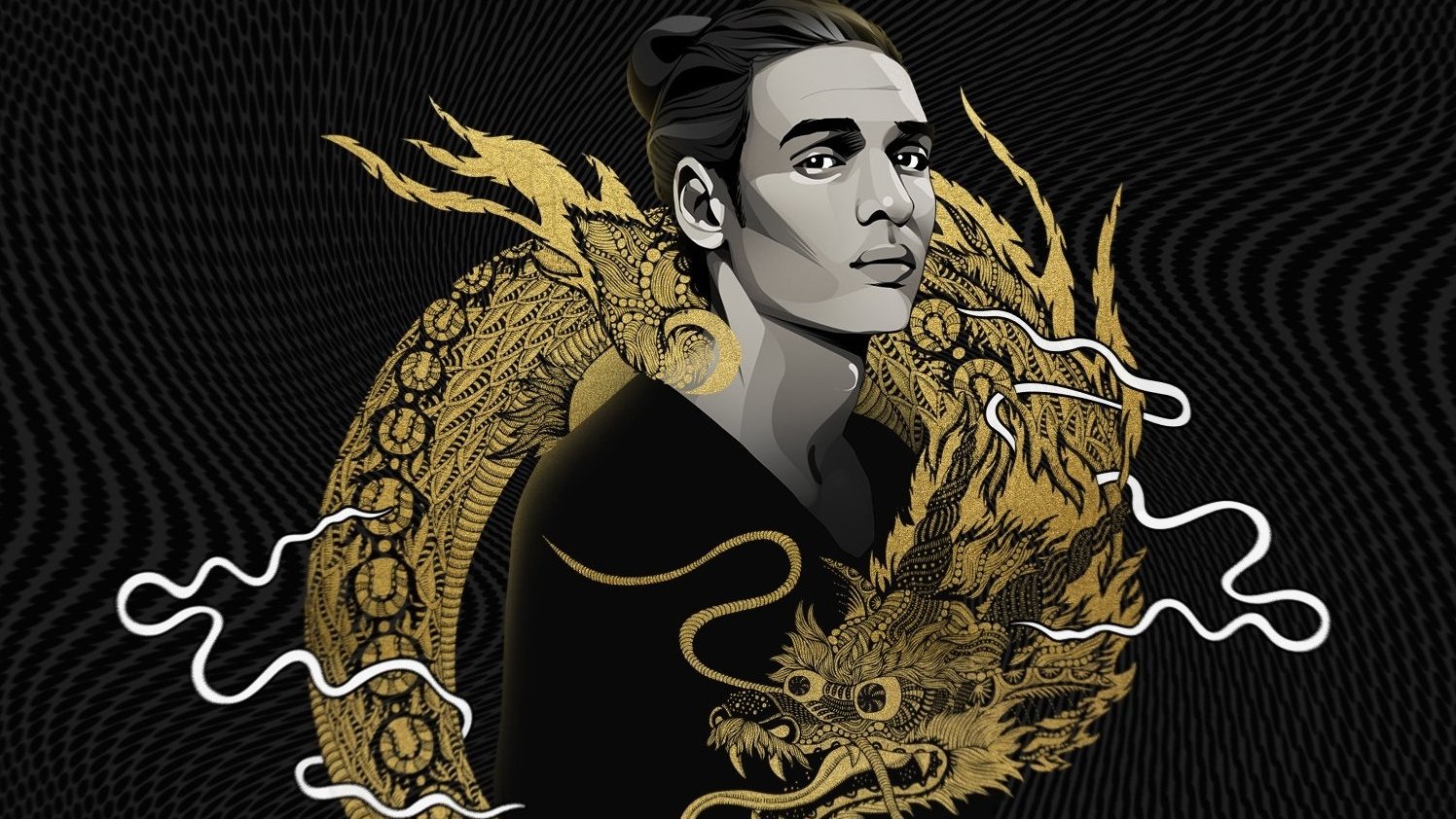 L'image montre un jeune homme avec un regard sérieux, représenté dans un style artistique moderne. Il porte un t-shirt noir et a les cheveux tirés en arrière. En arrière-plan, on voit un dragon doré stylisé qui évoque une atmosphère dynamique et mystique. Le fond est noir avec des motifs ondulés, ce qui crée un contraste saisissant avec la couleur dorée du dragon. L'ensemble de l'image dégage une impression de force et de mystère.