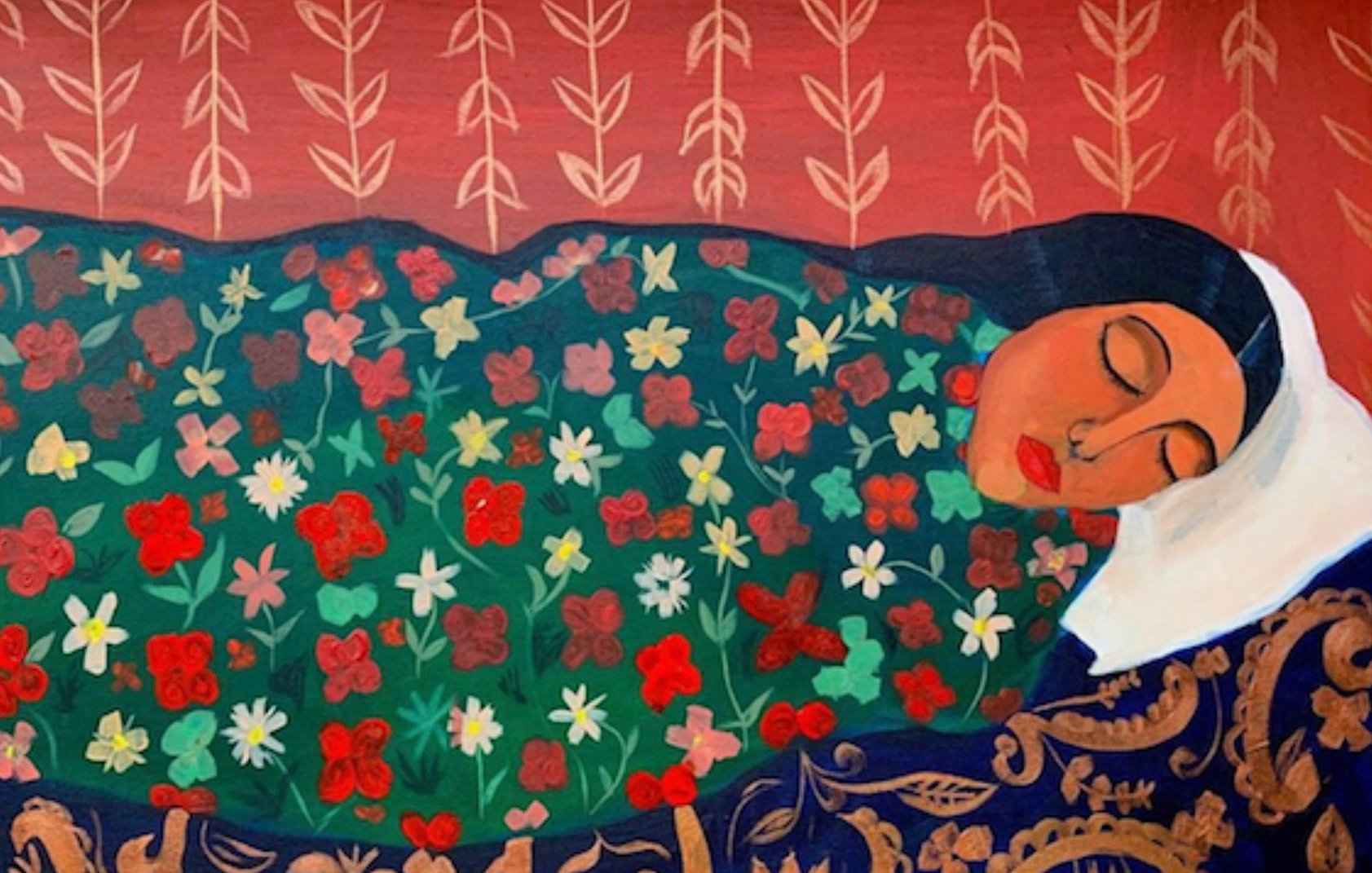Une femme endormie, recouverte de fleurs colorées sur un fond rouge.