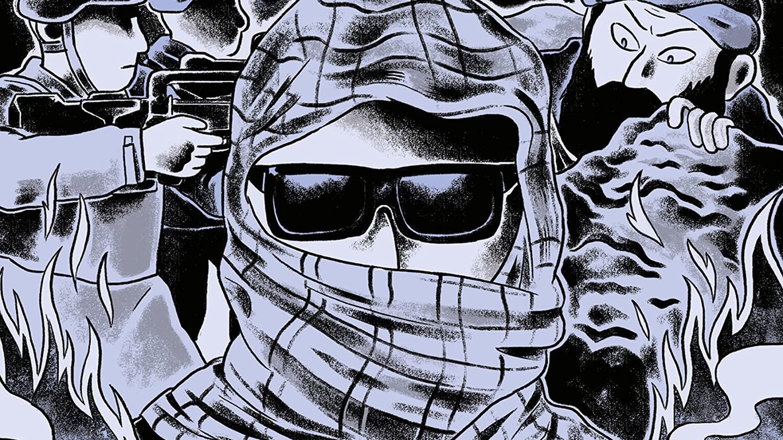 L'image présente une scène dramatique et évocatrice. Au premier plan, on voit une personne masquée portant des lunettes de soleil, entourée d'une ambiance tendue. À l'arrière-plan, deux figures en uniforme sont visibles, probablement des soldats, tandis qu'une autre silhouette semble être un combattant, ajoutant à l'atmosphère de conflit. Le paysage urbain en bas est en ruines, avec des volutes de fumée, suggérant un environnement de guerre ou de chaos. Les couleurs sombres et les contrastes accentuent la gravité de la situation.