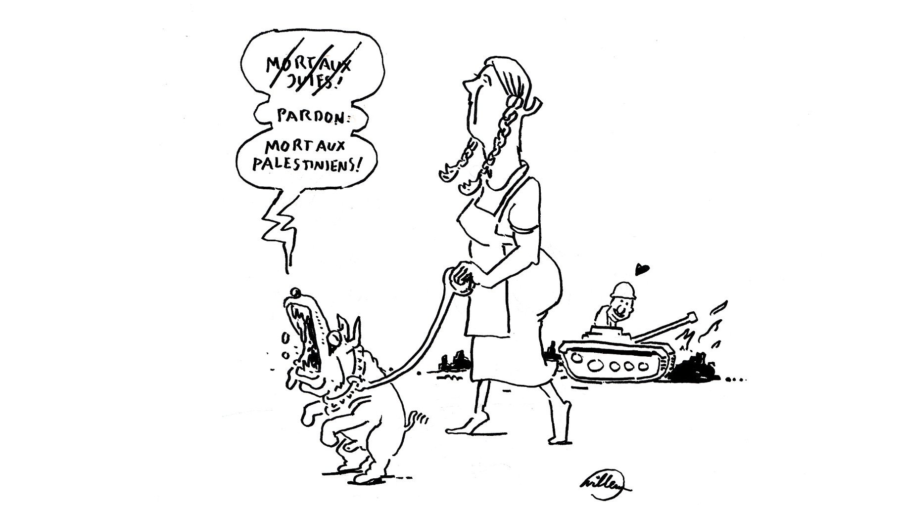 Une femme avec un chien, un tank en arrière-plan, un dialogue sur les Palestiniens.