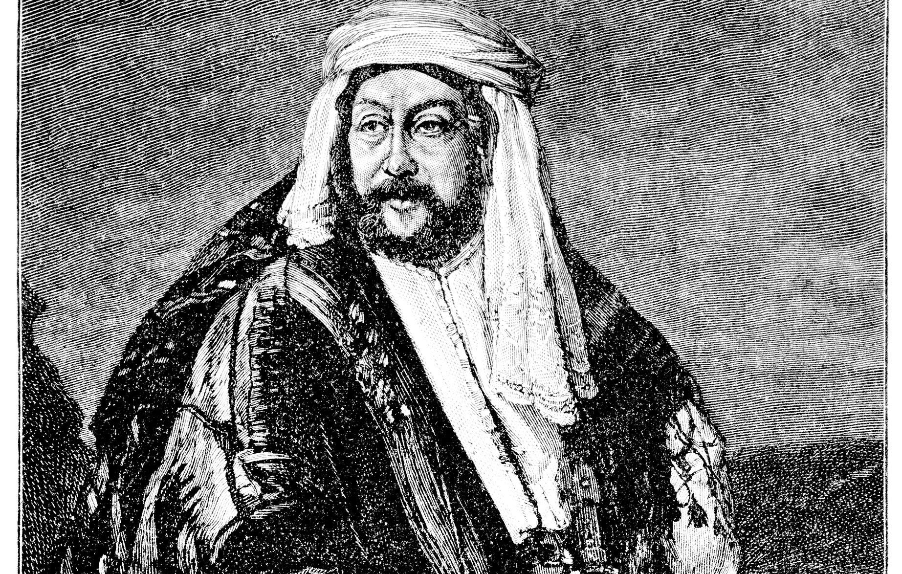 L'image représente un homme assis, habillé dans un costume traditionnel richement orné. Il porte une coiffe typique et un manteau décoré, avec des détails qui soulignent son statut. Son expression est sérieuse et réfléchie, et il est entouré d'un paysage à l'arrière-plan, suggérant un contexte culturel ou historique. Les ombres et les lumières dans le dessin ajoutent une profondeur au portrait.