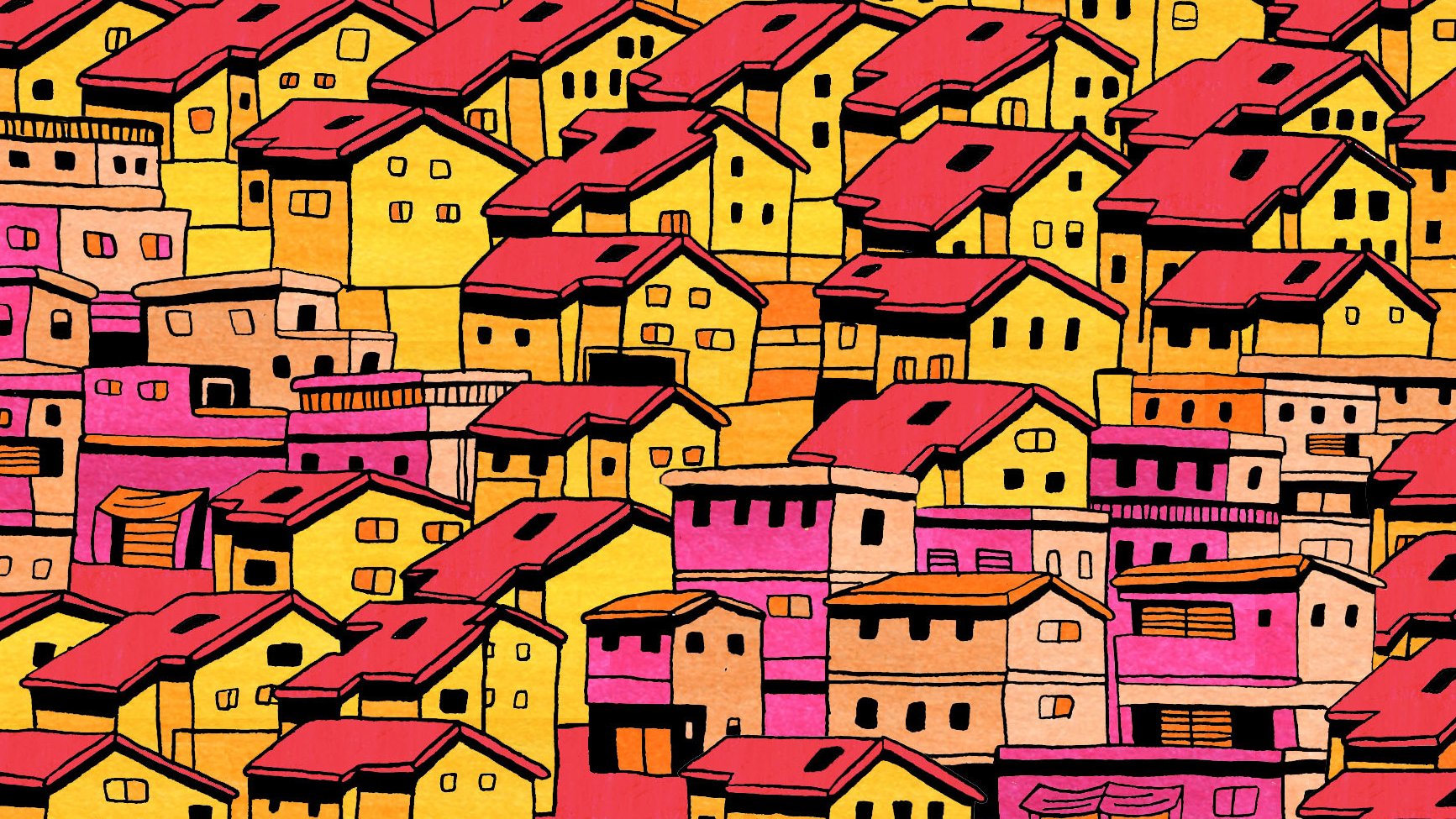 L'image présente un motif coloré de maisons stylisées. Les toits sont principalement rouges, tandis que les murs des maisons varient du jaune au rose et au beige. Les bâtiments sont agencés de manière dense, créant une impression de foule architecturale. Le fond est lumineux et offre un contraste vif entre les couleurs chaudes. L'ensemble dégage une atmosphère dynamique et vivante.