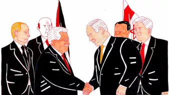 L'image représente une scène où plusieurs personnalités politiques sont rassemblées. Au premier plan, deux hommes se serrent la main, manifestant un échange diplomatique. L'un d'eux porte un costume noir et une chemise blanche, tandis que l'autre est également en costume foncé. En arrière-plan, on peut voir d'autres figures qui semblent également participer à cette rencontre. Les personnages sont dessinés de manière stylisée avec des traits marqués et des couleurs principalement sombres, ajoutées à des drapeaux en arrière-plan qui suggèrent une atmosphère formelle et politique.