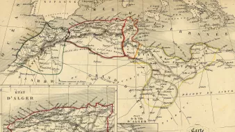 L'image présente une carte ancienne de la région du Maghreb, centrée sur l'Algérie, le Maroc et la Tunisie. On y observe des contours colorés, probablement pour délimiter différents territoires. La partie supérieure de la carte montre l'État d'Alger, tandis qu'un encart en bas à gauche fournit une vue plus détaillée d'une autre région, indiquée par des lignes rouges. Les noms géographiques et les caractéristiques du relief sont également présents, signalant des montagnes et des déserts. Cette carte illustre un moment historique et géographique de la région.