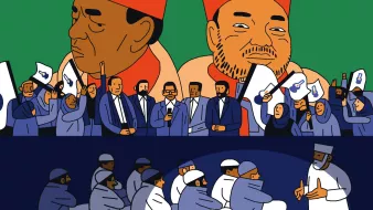 L'image présente deux parties distinctes. Dans la partie supérieure, on voit deux personnages au regard imposant, portant des chapeaux rouges, entourés d'un groupe de personnes qui semblent célébrer ou exprimer leur soutien. Ces personnes sont habillées en costumes formels et tiennent des drapeaux ou des pancartes. Dans la partie inférieure, un groupe de personnes est assis en cercle, vraisemblablement en train d'écouter un individu qui se tient debout et leur parle. Ces personnes sont vêtues de manière plus traditionnelle, et l'atmosphère semble différente, peut-être plus sérieuse ou contemplative. L'arrière-plan de la partie inférieure est sombre, tandis que la partie supérieure est colorée et dynamique.