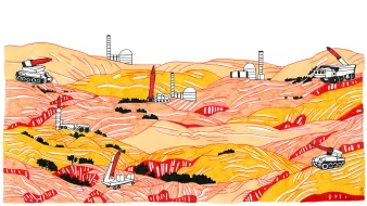 L'image représente un paysage désertique aux teintes chaudes, avec des collines ondulées colorées en orange et rouge. Plusieurs véhicules, probablement des engins de construction ou d'exploration, sont dispersés dans le paysage. On peut voir des structures ressemblant à des installations industrielles, comme des silos ou des détecteurs, à l'arrière-plan. L'ensemble donne une impression d'environnement extraterrestre ou de zone sur laquelle des activités industrielles ont lieu.