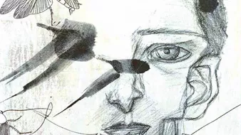 L'image représente un visage dessiné de manière artistique, avec des traits expressifs et un regard intense. Des mouches sont dessinées autour du visage, ajoutant une dimension dérangeante et symbolique à l'œuvre. Des éclaboussures d'encre noire et des lignes abstraites traversent l'image, créant un contraste entre le réalisme du visage et l'abstraction des éléments environnants. L'ensemble évoque une atmosphère sombre et captivante.