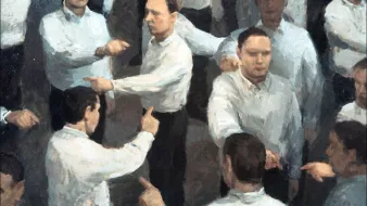 L'image semble représenter un ensemble de figures humaines en costume blanc, chaque figure semblant interagir avec les autres dans une sorte de dialogue visuel. Les personnages affichent des gestes similaires, comme pointer du doigt, ce qui crée une dynamique d'échange ou de confrontation. Le style de peinture donne une impression de mouvement et de complexité dans les relations entre les figures. L'ensemble est à la fois fascinant et déroutant, suggérant des thèmes de communication et d'interaction humaine.