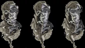 L'image présente une série de trois sculptures stylisées ou portraits, qui semblent légèrement déformés ou ondulés, créant une impression de mouvement ou d'abstraction. Chaque figure a des traits faciaux simplifiés, avec des éléments graphiques noirs et blancs qui évoquent un style artistique particulier. L'arrière-plan est noir, ce qui met en avant les détails des sculptures et accentue leur caractère énigmatique. Ces œuvres pourraient évoquer des thèmes comme l'identité ou la perception.