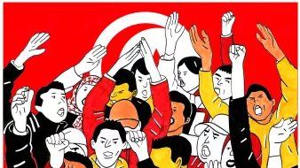 L'image montre un groupe de personnes levant les bras et exprimant des émotions fortes, probablement dans un contexte de manifestation ou de rassemblement. Le fond est orné d'un grand drapeau rouge avec un symbole caractéristique. Les visages sont expressifs, illustrant la passion et l'engagement des participants. On peut observer une diversité dans les vêtements et les expressions, reflétant un sentiment collectif et une volonté d'unité.