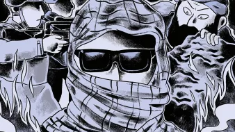 L'image présente une scène dramatique et évocatrice. Au premier plan, on voit une personne masquée portant des lunettes de soleil, entourée d'une ambiance tendue. À l'arrière-plan, deux figures en uniforme sont visibles, probablement des soldats, tandis qu'une autre silhouette semble être un combattant, ajoutant à l'atmosphère de conflit. Le paysage urbain en bas est en ruines, avec des volutes de fumée, suggérant un environnement de guerre ou de chaos. Les couleurs sombres et les contrastes accentuent la gravité de la situation.