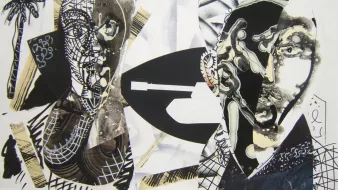 L'image présente une œuvre d'art abstraite, caractérisée par des figures humaines stylisées et des éléments graphiques. On y voit des silhouettes de visages, des formes géométriques et des motifs entrelacés, le tout dans une palette de noir, blanc et des touches de beige. Des éléments tels qu'une palme ajoutent une dimension intéressante, tandis que les lignes et les textures créent un effet dynamique et captivant. Cette composition semble explorer des thèmes d'identité et de dualité à travers des formes abstraites et un contraste visuel puissant.