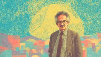 Homme avec des lunettes, veste et cravate, devant un arrière-plan coloré et abstrait.