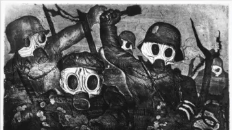 L'image présente un groupe de soldats portant des masques à gaz. Ils semblent être engagés dans une action intense, brandissant des armes et se tenant dans un environnement hostile. Les soldats sont représentés de manière dramatique, avec des traits exagérés pour transmettre l'urgence et la peur. Le fond est sombre, ajoutant à l'atmosphère de tension et de combat. L'ensemble évoque les horreurs de la guerre, en particulier durant les conflits où les gaz toxiques étaient utilisés.