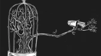 L'image représente une cage stylisée, ouverte sur le haut, dans laquelle se trouve un arbre aux feuilles bien détaillées. La cage est dessinée de manière délicate, avec des branches et des feuilles qui semblent s'épanouir à l'intérieur. À l'extérieur de la cage, il y a un oiseau posé sur une branche, qui regarde l'arbre. Le fond est noir, ce qui met en valeur les éléments blancs du dessin. Cette illustration évoque des thèmes de liberté, de nature et de contraste entre la captivité et l'évasion.