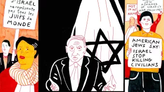 L'image représente une scène avec des manifestants tenant des pancartes. À gauche, une femme porte un panneau qui dit que l'État d'Israël ne représente pas tous les Juifs du monde. Au centre, un homme, probablement une figure publique, s'adresse à la foule. À droite, une autre manifestante tient une pancarte demandant aux autorités israéliennes d'arrêter de tuer des civils, exprimant une opposition vis-à-vis des actions de l'État d'Israël. Les personnages sont illustrés de manière stylisée avec des couleurs vives.
