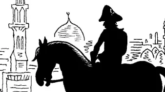 L'image représente une silhouette d'un cavalier sur un cheval, observant un paysage urbain. On peut voir des structures architecturales typiques, comme des mosquées et des minarets, en arrière-plan. Le cavalier est vêtu d'une tenue militaire, qui indique peut-être une période historique spécifique. L'ensemble de l'image est en noir et blanc, ce qui renforce le côté dramatique et artistique de la scène.