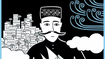 Cette image présente un personnage stylisé qui porte un chapeau traditionnel et a une moustache. Il tient un modèle de voilier dans ses mains. En arrière-plan, on peut voir des bâtiments en forme de tours sur une colline, ainsi que des nuages et des vagues stylisées, ce qui donne une impression de mouvement et de mystère. Les couleurs sont principalement noires, blanches et bleues, créant un contraste fort et un effet visuel intéressant.