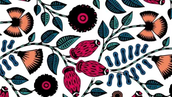 L'image présente un motif floral coloré sur fond blanc. On y aperçoit diverses fleurs stylisées, telles que des fleurs noires et des fleurs dans les tons rose et orange. Les tiges et les feuilles, d'un vert vif, s'entrelacent avec des formes organiques en bleu. L'ensemble crée une composition dynamique et graphique, évoquant une ambiance joyeuse et pleine de vie.