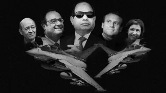 L'image montre une composition graphique en noir et blanc. Au centre, il y a une figure avec des lunettes de soleil, entourée de visages de plusieurs personnes en arrière-plan. En dessous, on aperçoit des avions de chasse. Le tout crée une ambiance dramatique et symbolique, suggérant des thèmes liés à la politique et à l'armement.