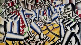 Cette image représente une scène dynamique et complexe, typique du style cubiste. On y voit plusieurs figures humaines, dotées de formes géométriques angulaires, interagissant les unes avec les autres. Les personnages semblent être engagés dans un jeu ou une activité sociale, et leurs postures évoquent un mouvement et une tension. Les couleurs utilisées sont principalement des tons de bleu, de rouge et de jaune, créant un contraste vibrant. Le fond abstrait renforce la profondeur de la composition, tandis que les traits manipulés et les formes stylisées soulignent l'influence cubiste de l'œuvre.