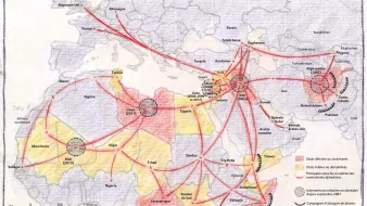 L'image représente une carte géographique qui illustre les itinéraires et les connexions entre différents pays et régions en relation avec des mouvements d'insurgés. On y voit des couleurs, probablement des zones prioritaires ou des états d'insurrection, ainsi que des flèches rouges qui symbolisent les chemins ou les influences des combattants. Les annotations en bas indiquent des campagnes et des événements spécifiques à partir de septembre 2001, suggérant une analyse des dynamiques de conflits et de l'extrémisme dans cette région. L'ensemble donne une vue d'ensemble des interactions géopolitiques et des défis sécuritaires.