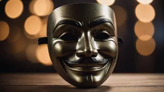 L'image montre un masque doré avec un sourire large et un moustachu distinctif. Le masque a des yeux en forme d'amande et une expression qui semble à la fois amicale et mystérieuse. En arrière-plan, on peut apercevoir des lumières floues qui créent une ambiance chaleureuse et festive. Le masque est placé sur une surface en bois, soulignant son aspect artistique et symbolique.