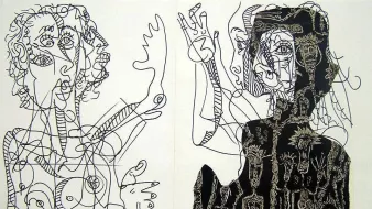 L'image présente deux figures stylisées dessinées avec des lignes noires sur fond blanc, et l'une des figures est partiellement remplie de motifs noirs. À gauche, un visage féminin aux traits abstraits se distingue, tandis qu'à droite, une autre figure stylisée semble avoir des éléments floraux ou humanoïdes autour d'elle. Les lignes sont sinueuses et fluides, créant un effet dynamique et moderne. L'ensemble évoque un style artistique contemporain, peut-être inspiré par le cubisme ou l'art linéaire.