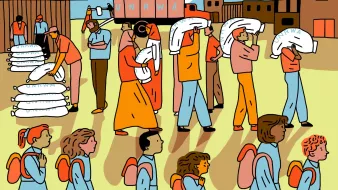 L'image représente une scène où un groupe de personnes est impliqué dans une distribution de biens. On voit des individus portant des sacs, probablement de nourriture ou de fournitures, avec le logo de l'UNRWA visible sur les sacs. Certaines personnes, dont des enfants avec des sacs à dos, se déplacent en ligne. L'arrière-plan montre des bâtiments et un véhicule de l'UNRWA, suggérant un contexte d'aide humanitaire. Les personnages sont habillés de manière variée, chacun ayant une expression concentrée sur la tâche à accomplir.