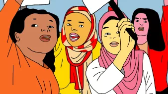 L'image représente un groupe de femmes qui semblent être engagées dans une manifestation ou une action collective. Elles portent des vêtements de couleurs vives, dont des hijabs et des écharpes. Plusieurs d'entre elles lèvent la main avec des pancartes, exprimant probablement leurs voix pour une cause qui leur tient à cœur. Les expressions sur leurs visages transmettent de la détermination et de l'énergie. L'arrière-plan est simple, mettant l'accent sur l'action et l'enthousiasme du groupe.