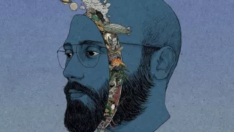 L'image représente un visage de profil, avec une tête de couleur bleue. Une série d'illustrations créatives se déploie à l'intérieur de la moitié de la tête, montrant des éléments naturels et fantastiques tels que des planètes, des nuages, des animaux marins, des objets variés et des scènes qui évoquent l'imagination et la découverte. Le contraste entre la tête monochromatique et les illustrations colorées donne un effet visuel intéressant et captivant. Un style artistique qui combine des aspects réalistes et surréalistes.